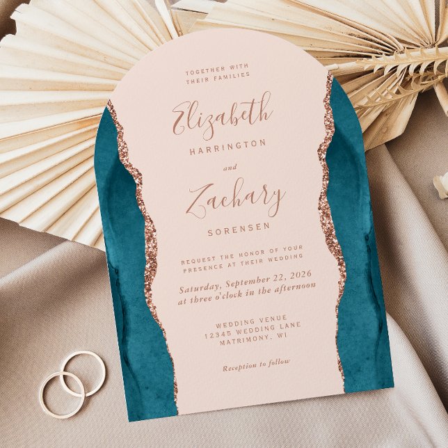 Convite Modern Teal Rose Gold Agate Blush Arch Wedding (Criador carregado)