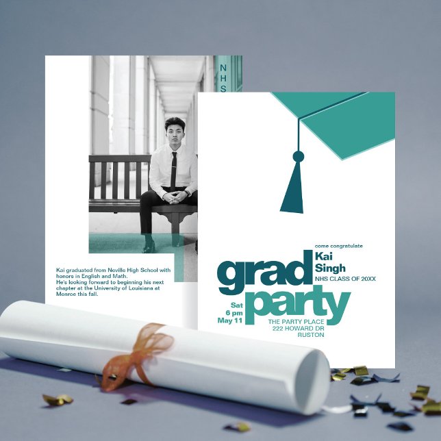 Convite Modern Teal Typography & Tassel Grad Party Photo (Criador carregado)