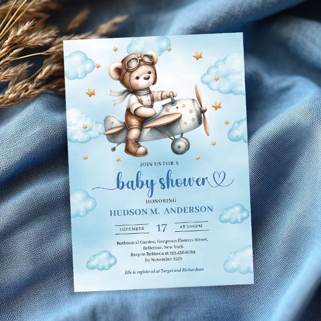 Convite Modern Teddy Bear Pilot Blue Brown Boy Shower   (Modern Teddy Bear Pilot Blue Brown Boy Shower Invitation

)