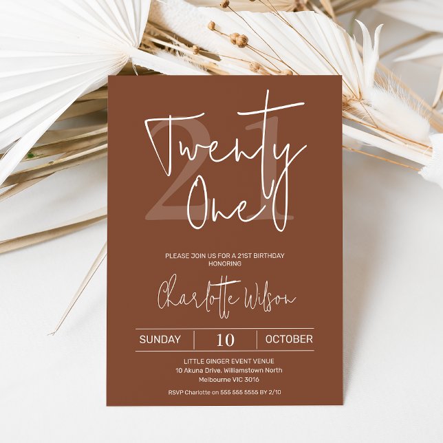Convite Modern Terracotta - aniversário de 21 anos Minimal (Modern terracotta 21st birthday invitation featuring a modern calligraphy font  white text.)