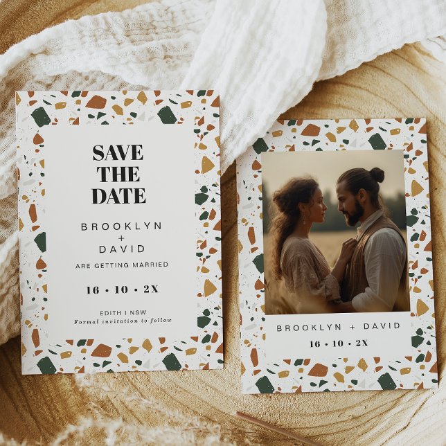 Convite Modern Terrazzo Photo Save The Date Card (Terrazzo wedding save the date card with terracotta flecks and the couple photo on the back.)