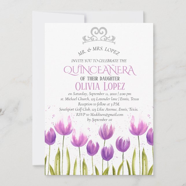 Convite Modern Tiara Quinceañera Lavanda Roxo Aniversário (Frente)