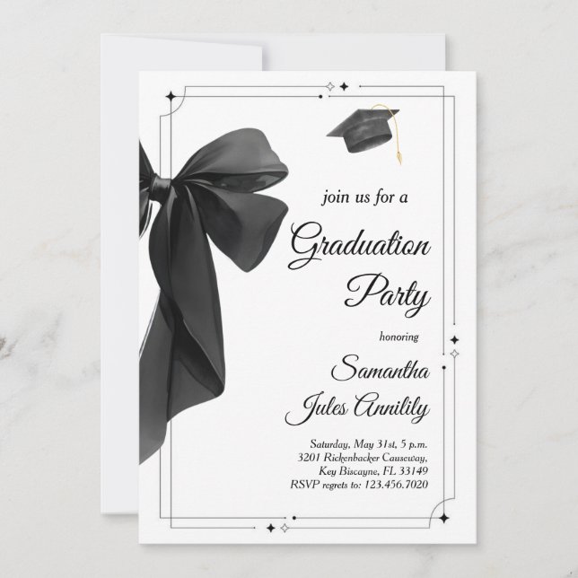 Convite Modern Trendy Black Bow Graduation Party  (Frente)