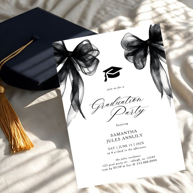 Convite Modern Trendy Black Bow Graduation Party  (Criador carregado)