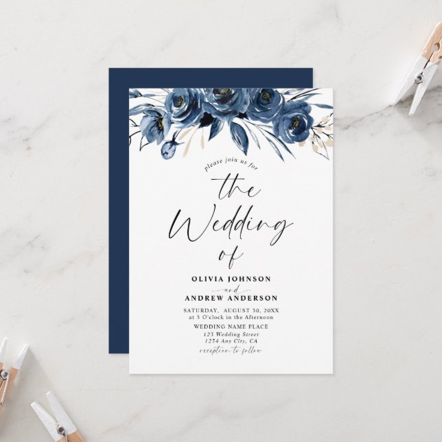 Convite Modern Trendy Navy Blue Watercolor Floral Wedding (Frente/Verso In Situ)