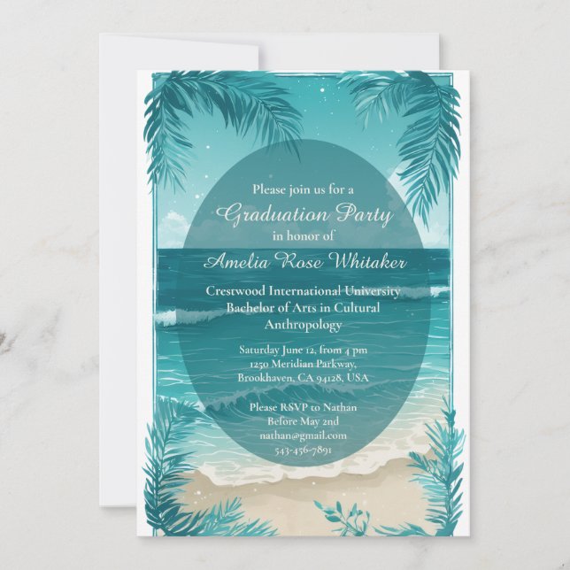 Convite Modern Tropical Beach Turquoise Graduation Party  (Frente)