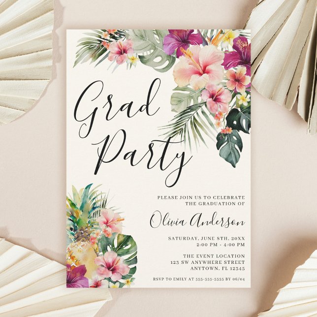 Convite Modern Tropical Floral Beige Graduation Party (Criador carregado)