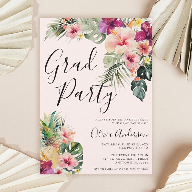 Convite Modern Tropical Floral Pink Graduation Party (Criador carregado)