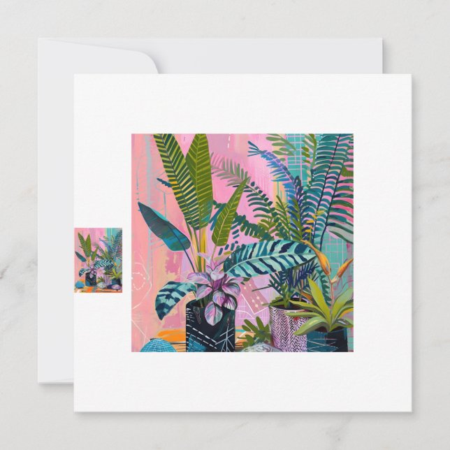 Convite Modern Tropical Plant Print – Pink and Green  (Frente)