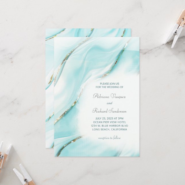 Convite Modern Turquoise Agate Wedding Inv (Frente/Verso In Situ)