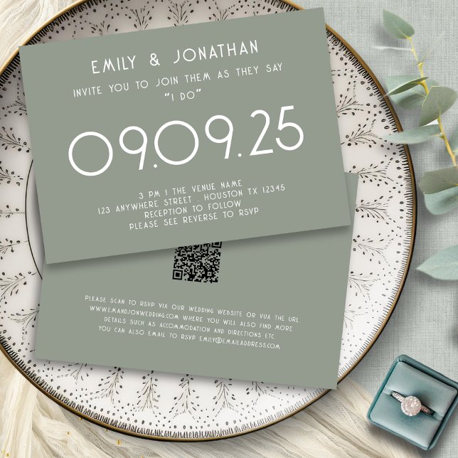 Convite Modern Typografia Sage Green Wedding (Frotn and back view)
