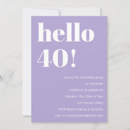 Convite Modern Typography Lavender 40th Birthday Party