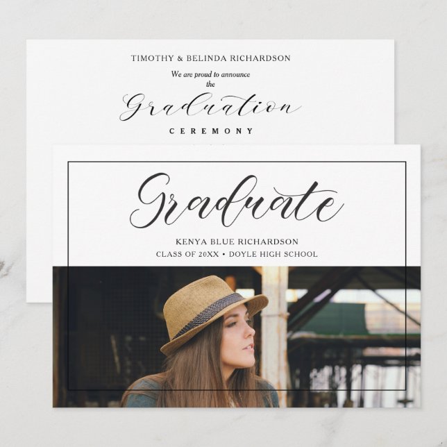 Convite Modern Typography Script Photo Graduate Graduation (Frente/Verso)