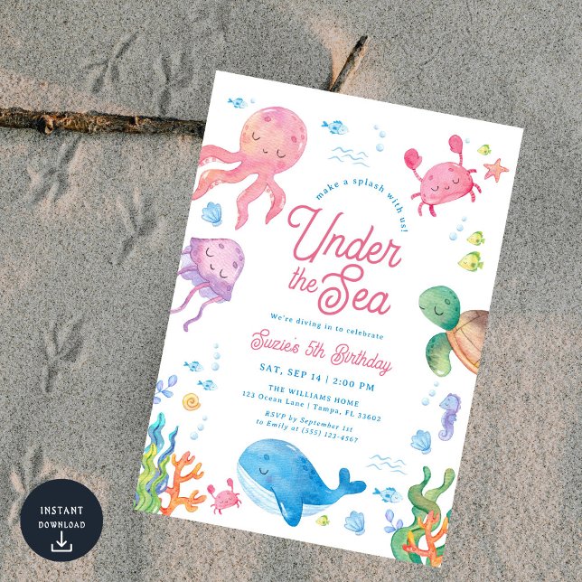 Convite Modern Under the Sea Kids 5th Birthday Party Invit (Criador carregado)