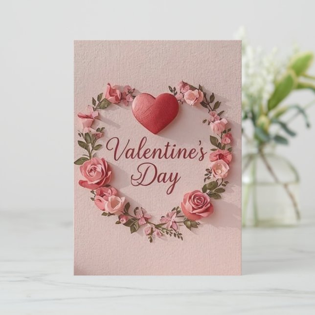 Convite Modern Valentine’s Day Card – Red Heart & Flower (Em pé/Frente)