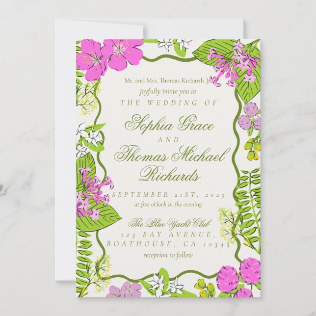 Convite Modern Vibrant Tropical Botanical Wedding (Frente)