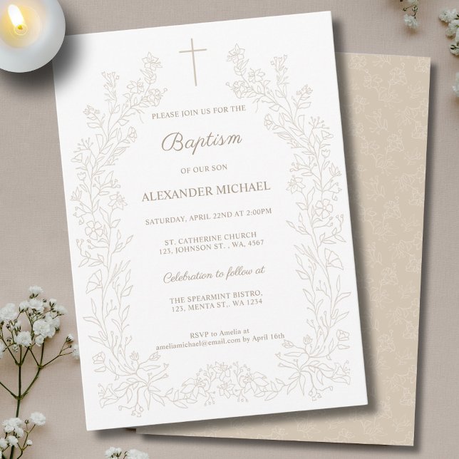 Convite Modern Vintage Floral Christian Baptism  (Criador carregado)