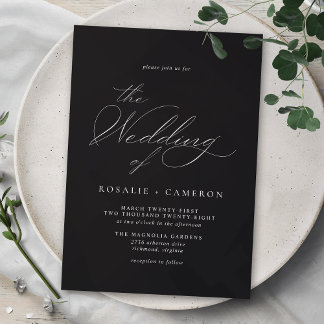 Convite Modern Vintage Script Clássico Moody Black Weding