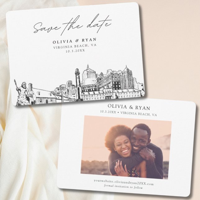 Convite Modern Virginia Beach Wedding Salve a Data (Modern Virginia Beach Wedding Save the Date Invitation with Engagement Photo)