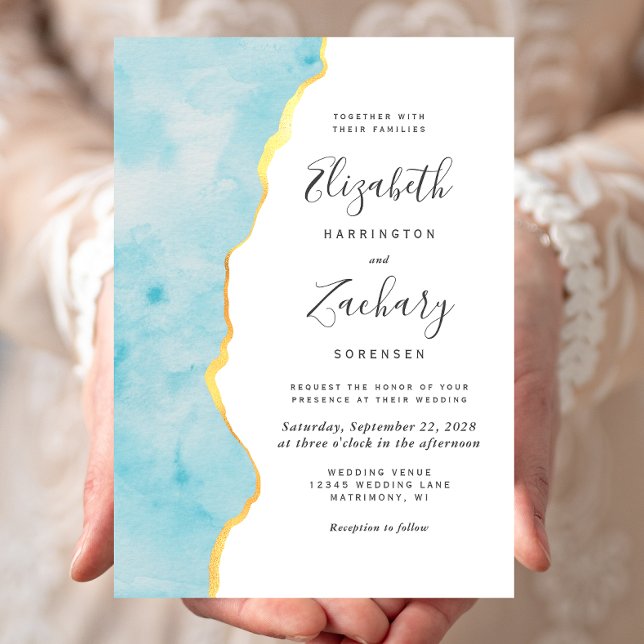Convite Modern Watercolor Aqua Blue Agate Wedding (Criador carregado)