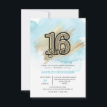 Convite Modern Watercolor Azul Dourado Sweet 16 Dezesseis<br><div class="desc">*** CARDS são 3, 5"x5", clique em "TAMANHO" para tamanhos maiores *** Envie 16 convites para seus convidados, modernos, mas elegantes. Cor de água azul clara e pastel sobre fundo branco. Traço de pincel em ouro inverso com 16 em falso brilho !placas editáveis - personalize-as adicionando seu texto. Perfeito para...</div>