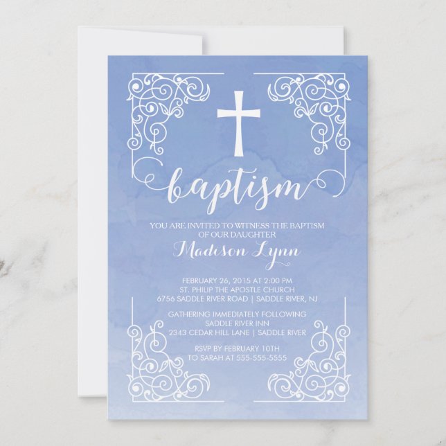 Convite Modern Watercolor Baptism Christening Cross (Frente)