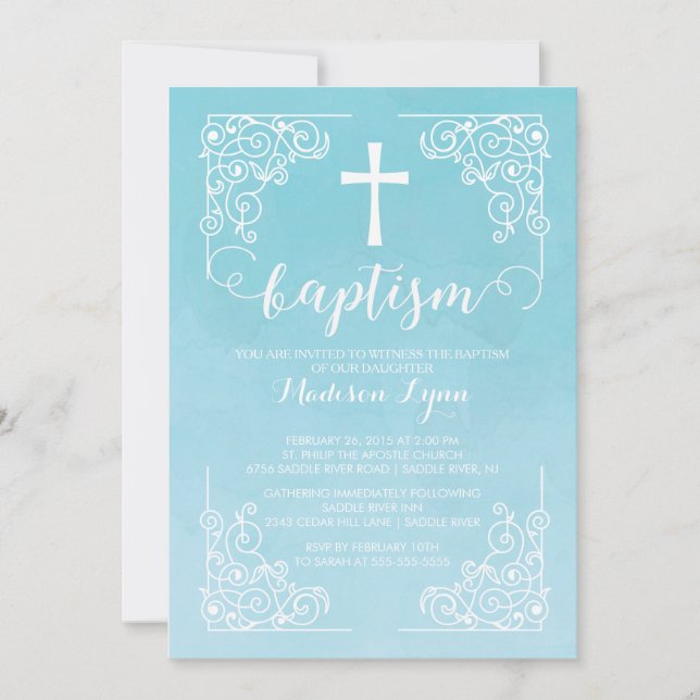 Convite Modern Watercolor Baptism Christening Cross (Frente)