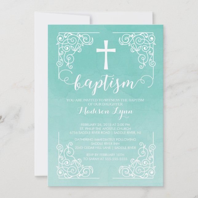 Convite Modern Watercolor Baptism Christening Cross (Frente)