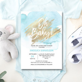 Convite Modern Watercolor Blue Gold Oh Baby Shower