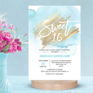 Convite Modern Watercolor Blue Sweet 16 Dezesseis 3,5x5"