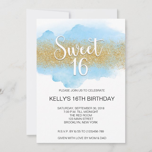 Convite Modern Watercolor Blue Sweet 16 Sixteen (Frente)