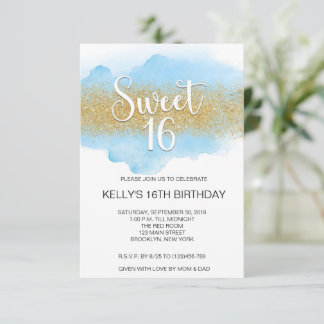 Convite Modern Watercolor Blue Sweet 16 Sixteen