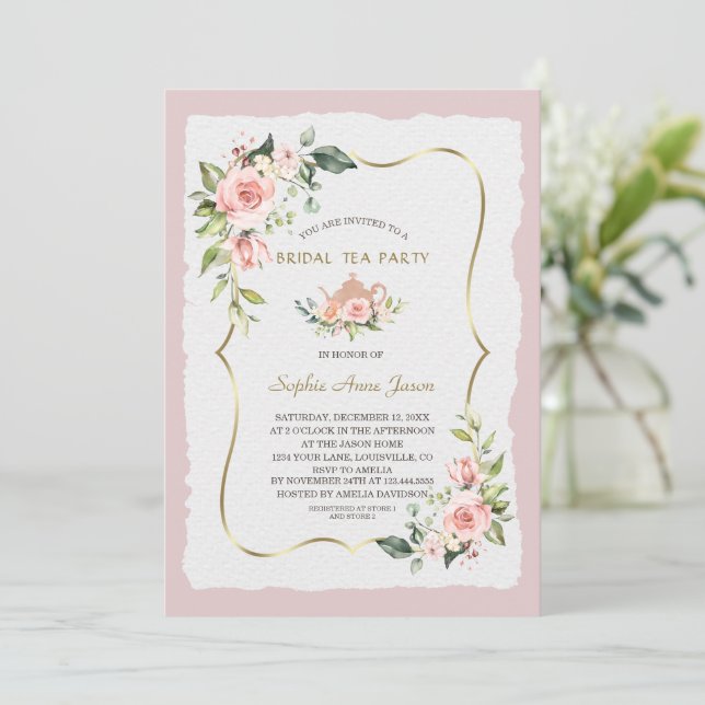 Convite Modern Watercolor Blush Flowers Bridal Tea Party (Em pé/Frente)
