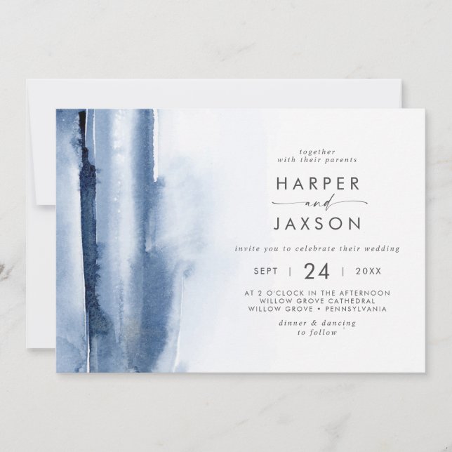 Convite Modern Watercolor | Casamento horizontal azul (Frente)
