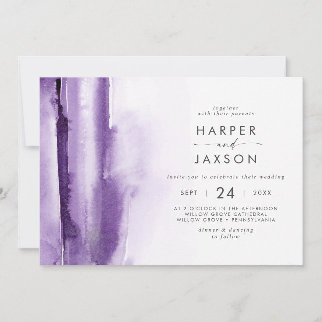 Convite Modern Watercolor | Casamento Horizontal Roxo (Frente)