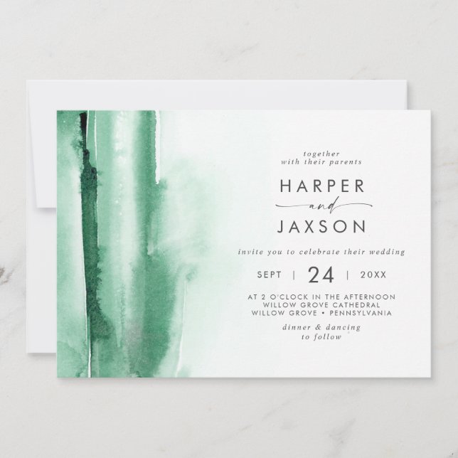 Convite Modern Watercolor | Casamento Horizontal Verde (Frente)