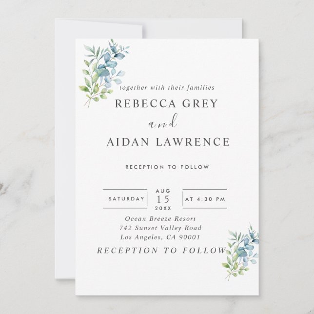 Convite Modern Watercolor Eucalyptus Greenery Wedding (Frente)