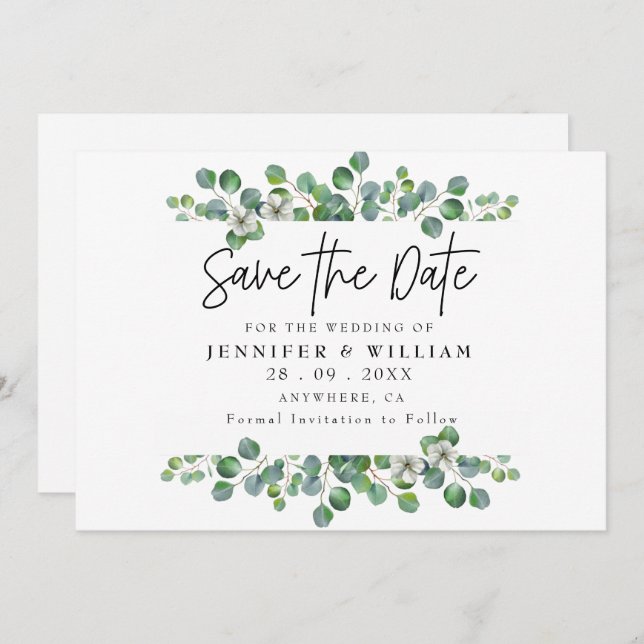 Convite Modern Watercolor Eucalyptus Salva a Data (Frente/Verso)