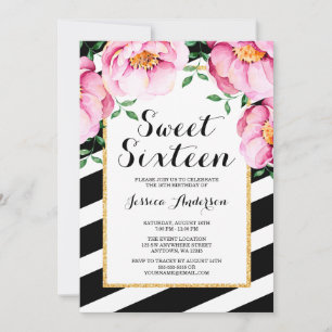 Convite Modern Watercolor Floral Stripes Sweet 16