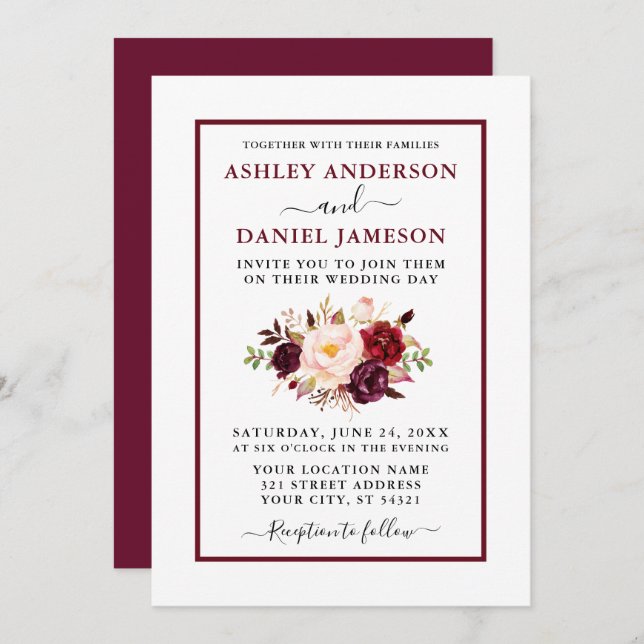 Convite Modern Watercolor Floral Wedding Burgundy (Frente/Verso)