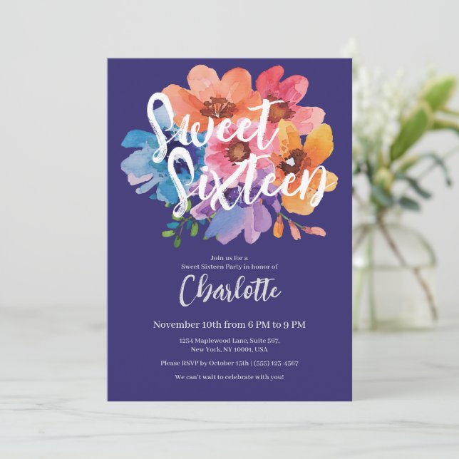 Convite Modern Watercolor Flower Sweet 16 Party (Em pé/Frente)