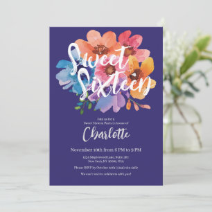 Convite Modern Watercolor Flower Sweet 16 Party