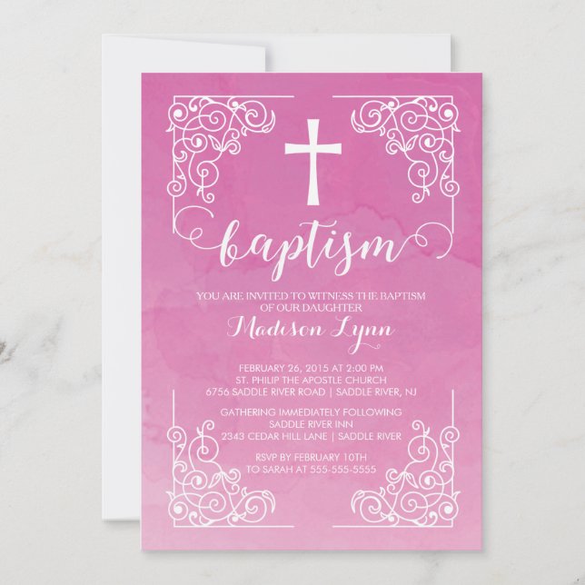 Convite Modern Watercolor Girls Baptism Christening Cross (Frente)