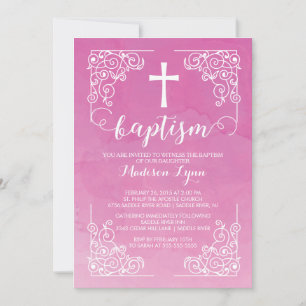 Convite Modern Watercolor Girls Baptism Christening Cross