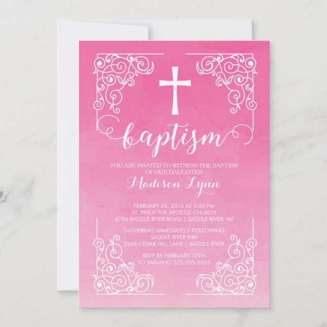 Convite Modern Watercolor Girls Baptism Christening Cross (Frente)