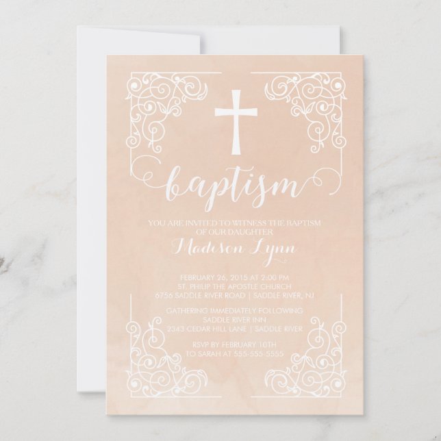 Convite Modern Watercolor Girls Baptism Christening Cross (Frente)