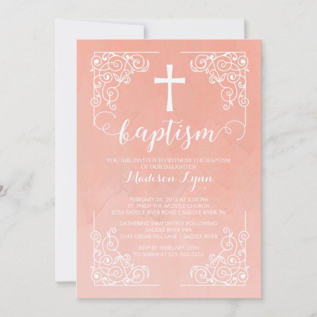 Convite Modern Watercolor Girls Baptism Christening Cross (Frente)