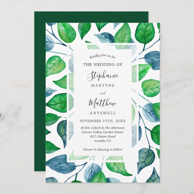 Convite Modern Watercolor Greenery Deixa Casamento Foliar (Frente/Verso)