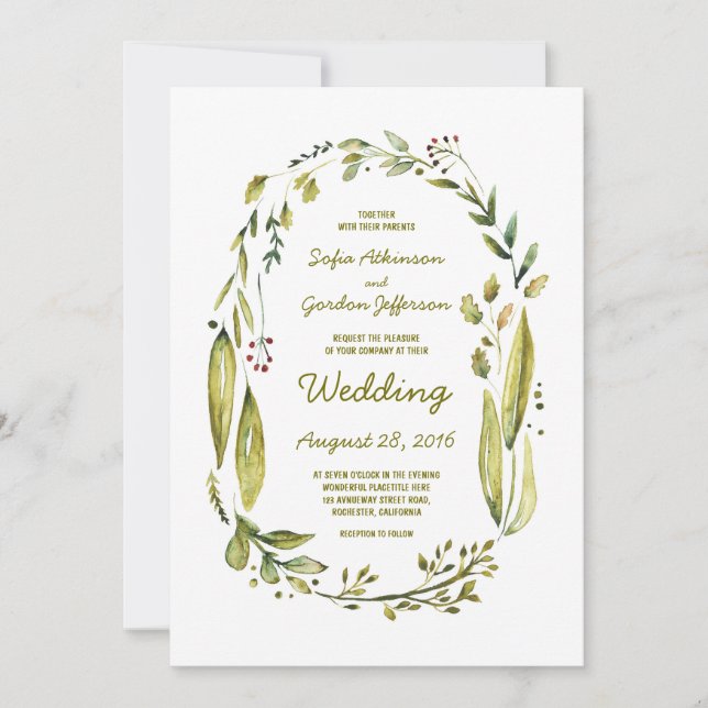 Convite Modern Watercolor Greenery Laurel Wedding (Frente)