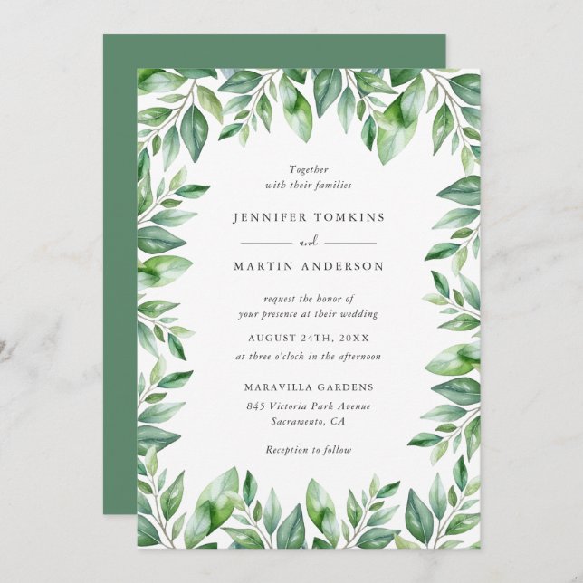 Convite Modern Watercolor Greenery Wedding (Frente/Verso)
